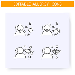 Allergies types line icons set. Dermal, respiratory and digestive allergies. Immunity reaction, immune intolerance and immunotherapy concept. Isolated vector illustrations. Editable stroke 