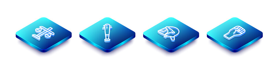 Set Isometric line Scales of justice, Baseball bat with nails, Police helmet and Raised hand clenched fist icon. Vector.