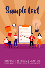 Team members sharing ideas during brainstorm set. Company managers thinking together, discussing project, filling up checklist. Can be used for teamwork, cooperation, coworkers concept