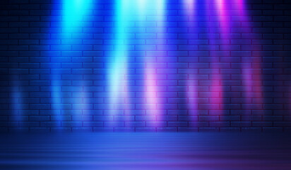 Neon shapes on a dark brick wall. Ultraviolet lighting. Brick wall, concrete floor. 3d illustration