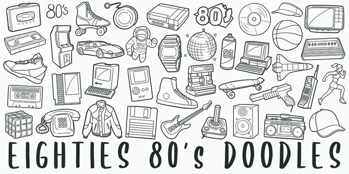 Eighties, doodle icon set. 80 Years Style Vector illustration collection. Banner Hand drawn Line art style.