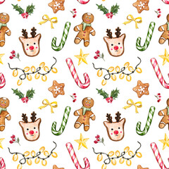 Cute and festive Christmas seamless pattern. Watercolor gingerbread cookies, holly, berries, lights garland, candy cane, stars on white background. Winter holiday paper.
