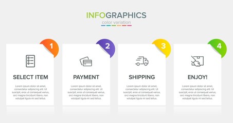 Concept of shopping process with 4 successive steps. Four colorful graphic elements. Timeline design for brochure, presentation, web site. Infographic design layout.