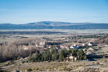Aerial shot of the houses and landscapes in Ambles Valley, Avila, Castilla and Leon, Spain