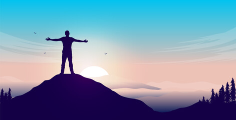 Mental happiness - Man on mountain peak with open arms welcoming a new day with sunrise and beautiful view. Vector illustration. - obrazy, fototapety, plakaty