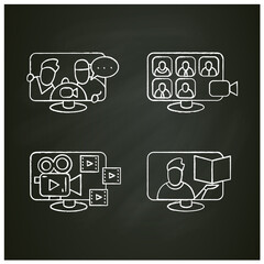 Video production chalk icons set. Collection of signs for video call, web conference, digital education, film production and vlogging. Isolated vector illustrations collection on chalkboard