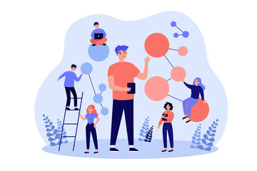 Scientists doing research at neural connections and AI algorithm. Tiny people with gadgets and molecule models. Vector illustration for science, technology, artificial intelligence concept