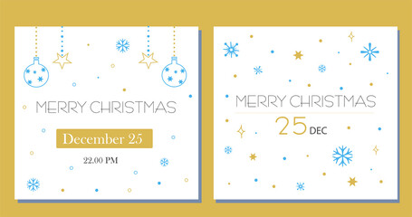 Merry Christmas set of minimalistic invitation. Gold and blue snowflakes, balls and stars on white backgrounds, 25th December greetings cards. Vector illustration. 