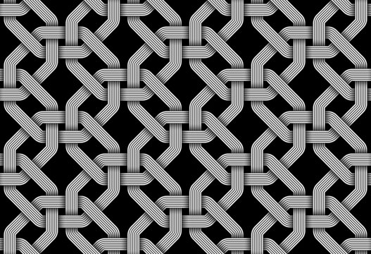 Vector seamless decorative pattern of woven octagonal shaped metallic wires.