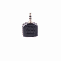 Mini Jack adapter with single to double output, isolated on white background. Close up