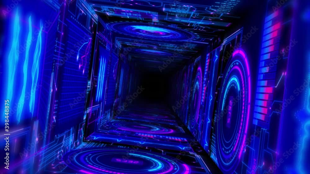 Wall mural abstract background flight through neon light digital tunnel loop
