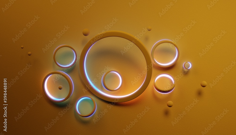 Poster abstract yellow background with random circles and spheres. 3d render / rendering