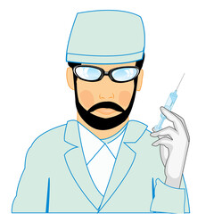 Cartoon men doctor with syringe in hand