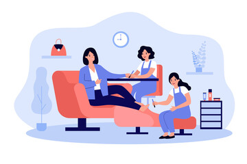 Lady visiting beauty salon for manicure and pedicure. Nail technicians and female client. Vector illustration for beauty care, industry, business concept