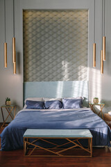 Wealthy rich room. Glamorous, elegant baroque dream bedroom design interior. Turquoise, blue...