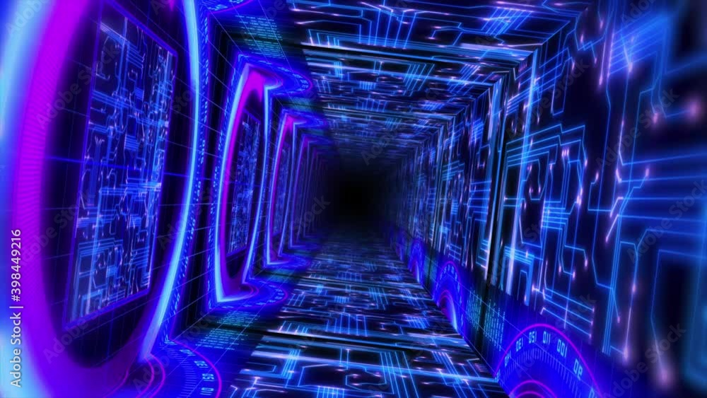 Wall mural abstract background flight through neon light digital tunnel loop