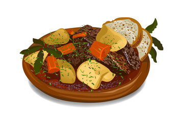 Irish national dish, meat with potatoes and carrots in a wooden plate, against the backdrop of a mountain landscape. - 398449254