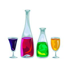Bottles and glasses with drinks of different colors, on a white background.