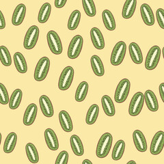 Random abstract seamless food pattern with kiwi organic green elements. Light orange background.