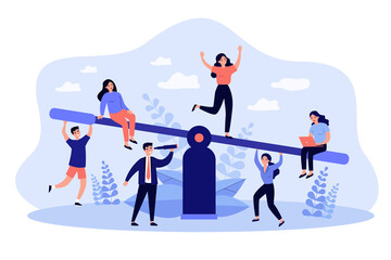 Business team competition. Groups of people balancing on seesaw, weighing down scale. Vector illustration for comparison, advantage, equilibrium, teamwork concept - obrazy, fototapety, plakaty