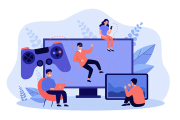 Different platforms for online games. People using computers, mobile phone, touchscreen, VR glasses for playing video games. Vector illustration for technology or entertainment concept