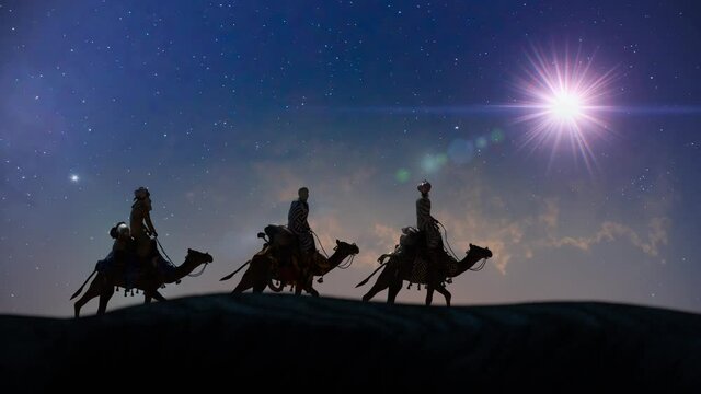 Christian Christmas scene with the three wise men and shining star, Seamless 4K loop video animation 