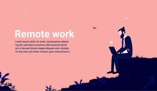 Business remote work - Businessman working from anywhere on laptop computer outdoors. Copy space for text. Vector illustration.