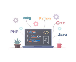 Programming and coding concept. Flat vector illustration. Isolated on white background.