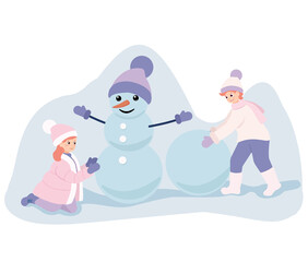Children make a snowman. Vector cartoon illustrations for postcards and other prints.