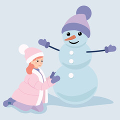 Little girl make a snowman. Vector cartoon illustrations for postcards and other prints.