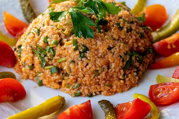Turkish style appetizer, appetizer made with bulgur (sterile meal)