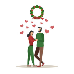 couple of young people on christmas day kissing under the mistletoe wreath. Vector