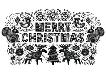 Merry Christmas. Vector Christmas card with moose, squirrel, bird and hand drawn lettering. Scandinavian style Christmas card. 