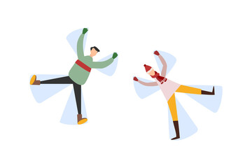 People lie in the snow making angels, isolated vector man and woman in mittens and winter clothes outdoors, pastime and leisure, having fun and having fun outdoors snowfall angelic silhouette.
