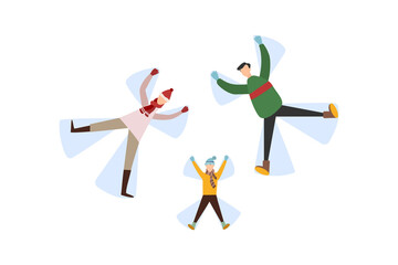 People lie in the snow, creating angels, isolated vector family in mittens and winter clothes outdoors, pastime and leisure, having fun and having fun outdoors, snow angel silhouette.