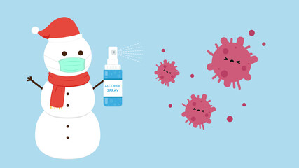 Snowman cartoon vector. Alcohol spray vector. Bottle alcohol spray. Face mask.