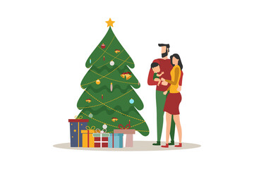 Obraz na płótnie Canvas People decorate the Christmas tree with decorations, happy family near the Christmas tree and gifts, merry christmas, vector illustration