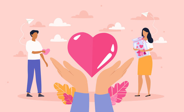 A symbol of kindness and mercy. Hands holding love heart symbol. Charity and volunteering activity abstract concept. Social support and awareness. Flat cartoon vector illustration.