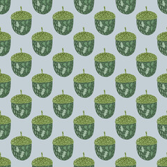 Green acorn doodle silhouettes seamless pattern. Light blue background. Nature print.