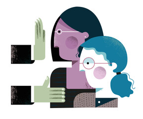 A woman being accepted while another woman is being rejected. Hiring process. Workplace bullying. 