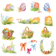 Watercolor illustration of isolated Easter elements - Easter eggs, basket with eggs, ribbon, grass,...