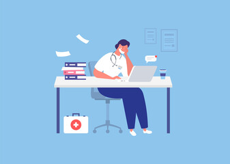 Stressed doctor sitting with laptop in office. Overworked doctor. Burnout. Vector