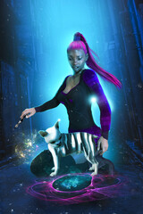 A 3D fantasy illustration with a witch and her dog in adventures. This is the second cover from a trilogy. This is a fictional character. 
