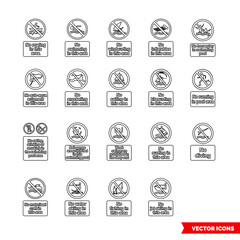 Water safety prohibitory signs icon set of outline types. Isolated vector sign symbols. Icon pack.