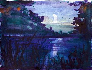 Moonlit night over the river. A dream in a summer night. Watercolor painting.