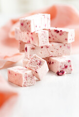 sweet confectionery Pastila with pieces of cranberry a on bright table.