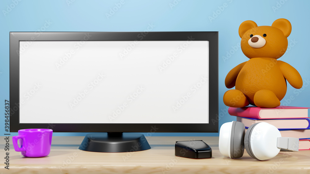 Aufkleber education online and graduation concept. 3d rendering of computer set, books and teddy about high ed