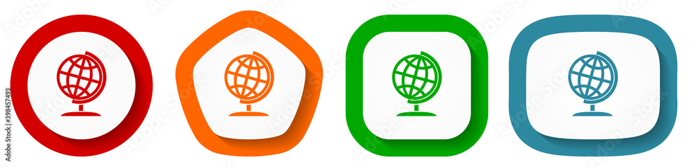 Poster globe vector icon set, world flat design buttons on white background