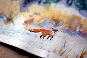 Cute Red Fox in winter forest. Beautiful animal in the nature habitat. Wildlife scene from the wild nature. Red fox running on white snow. Snowy forest. Watercolor painting. 