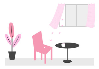 換気中の春の部屋のシンプルイラスト